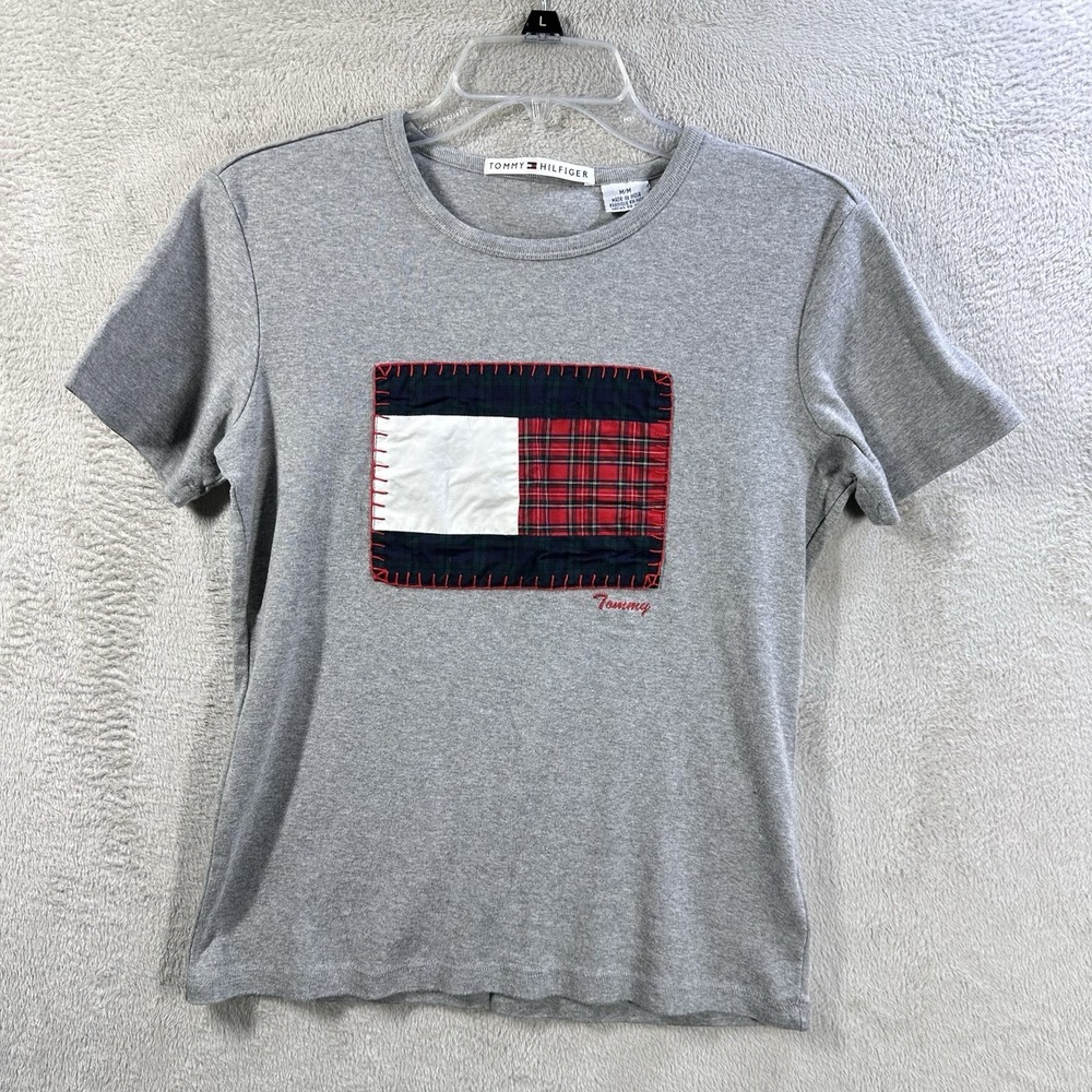 Tommy Hilfiger Patch Flag T-shirt Women's M Vtg Y2K Patriotic 4th of July
